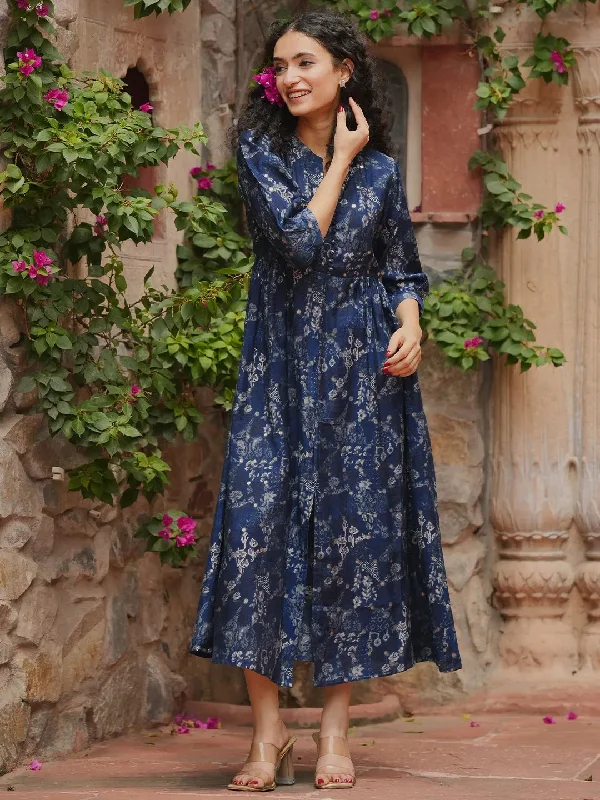Blue Printed Silk Fit and Flare Dress Tunics Exclusive limited