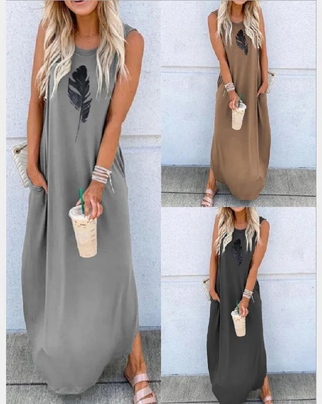 Printed sleeveless shift vest casual long dress Tunics Luxurious premium