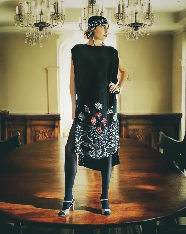 1920's Heavily Beaded Flower Tabard Dress Tunics Solid Classic
