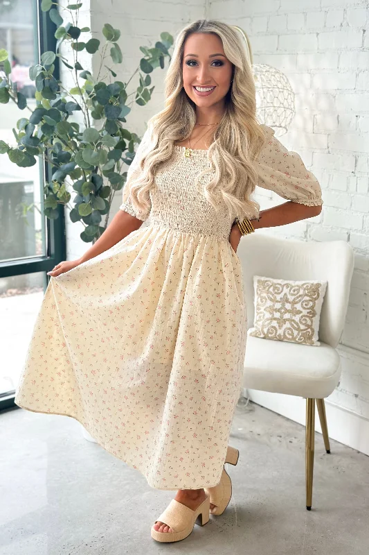 Pink Floral Smocked Square Neck Dress Crew Neckline Casual