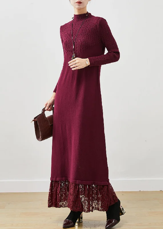 Stylish Mulberry Silm Fit Patchwork Lace Knitted Long Dress Spring Tunics Floral girly