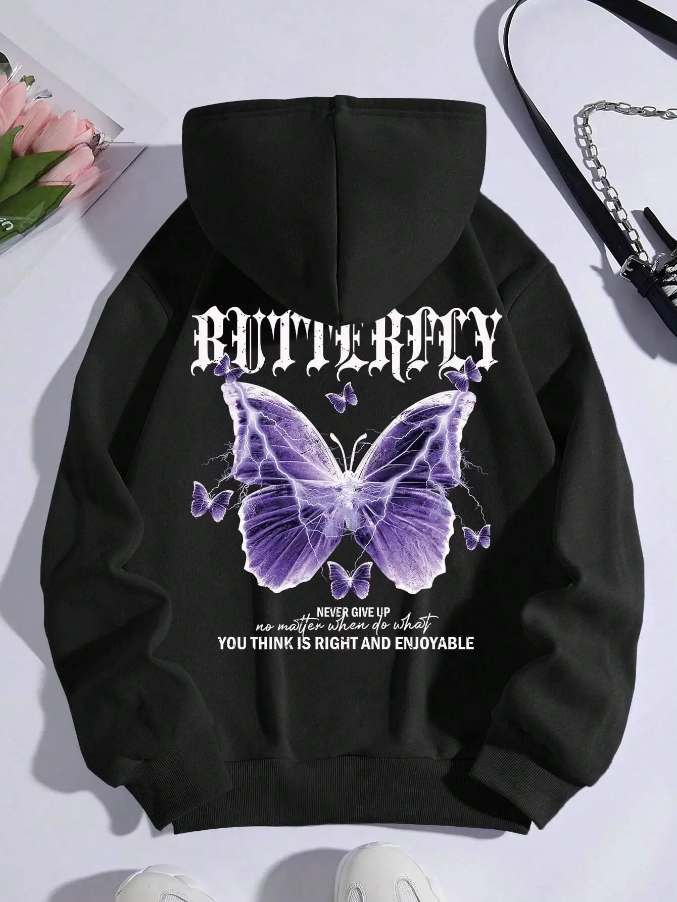 Beautiful Purple Butterfly Printing Hoodies Women Fleece Pocket Hoody Simple Casual Hoodie Autumn Loose Female Streetwear Hoodie with Patch Decorative Personalized Beautiful Purple Butterfly Printing Hoodies Women Fleece Pocket Hoody Simple Casual Hoodie Autumn Loose Female Streetwear Hoodie with Patch Decorative Personalized