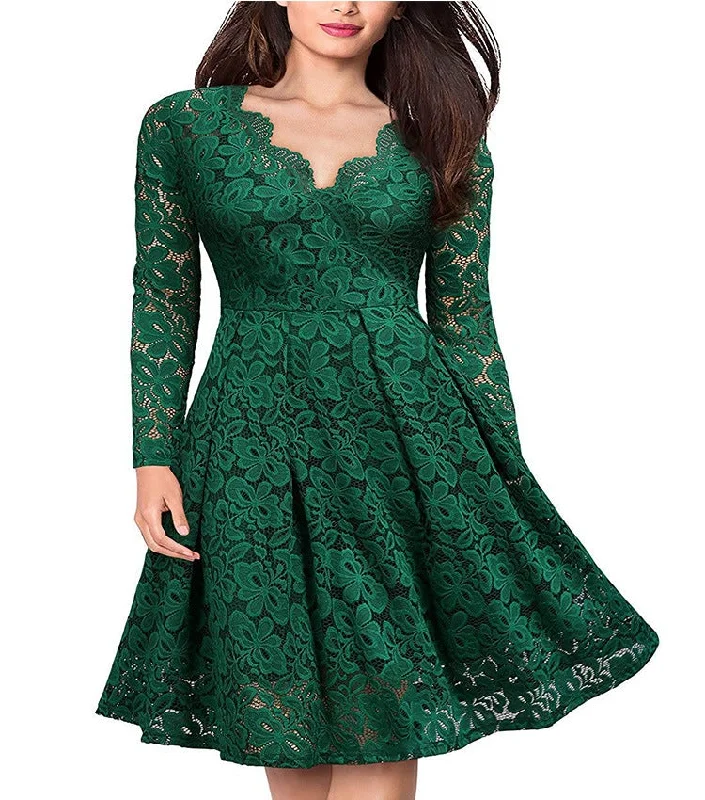 Long sleeves v neck lace dress A line flare mini dress | Fall winter evening gowns party dress Cowl Neckline Elegant Long sleeves v neck lace dress A line flare mini dress | Fall winter evening gowns party dress Cowl Neckline Elegant