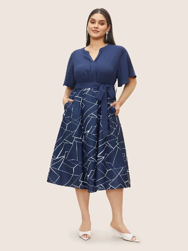 Geometric Flat Collar With V Notch Belted Dress Tunics Business professional