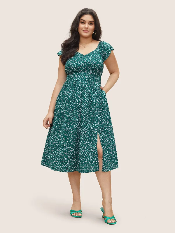 Ditsy Floral Shirred Elastic Waist Split Hem Dress Tunics Luxurious premium