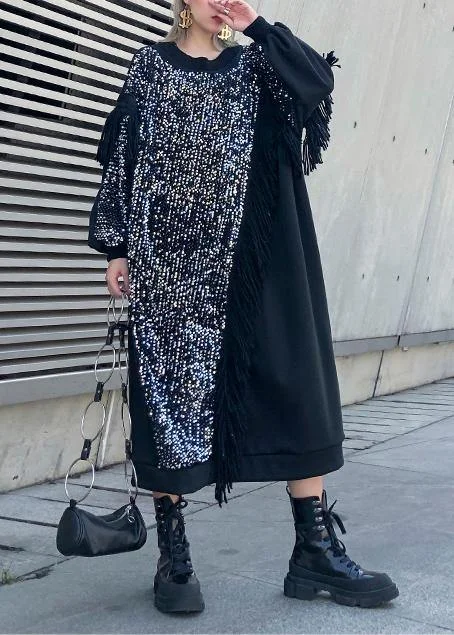 Women black patchwork cotton clothes Women o neck tassel Sequined long Dresses Tunics Running lightweight