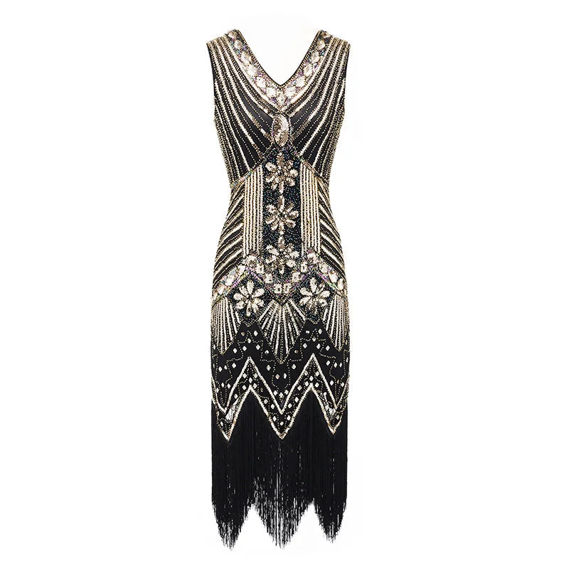 Vintage 1920s sequins costume midi dress | Retro v neck sleevesless evening gowns party dress Shift Classic Vintage Vintage 1920s sequins costume midi dress | Retro v neck sleevesless evening gowns party dress Shift Classic Vintage