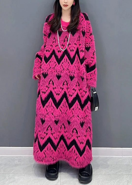 Fashion Rose O Neck Teddy Patchwork Knit Long Dress Fall Tunics Chinos classic