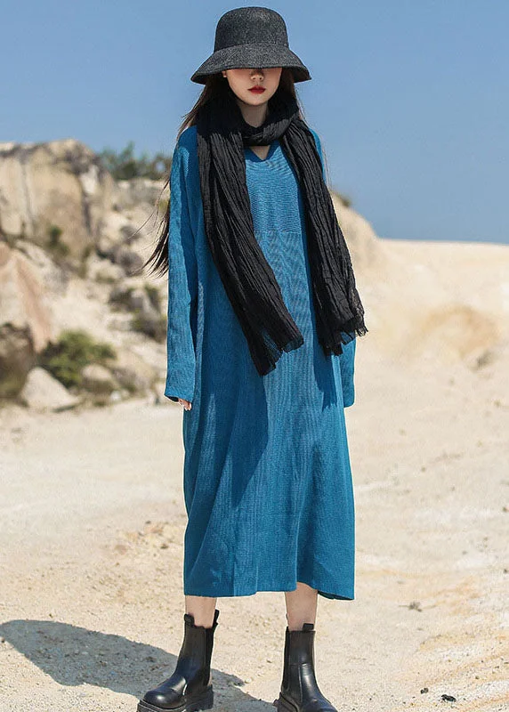 Blue Loose Casual Knit Long Dress V Neck Spring Tunics Chinos classic