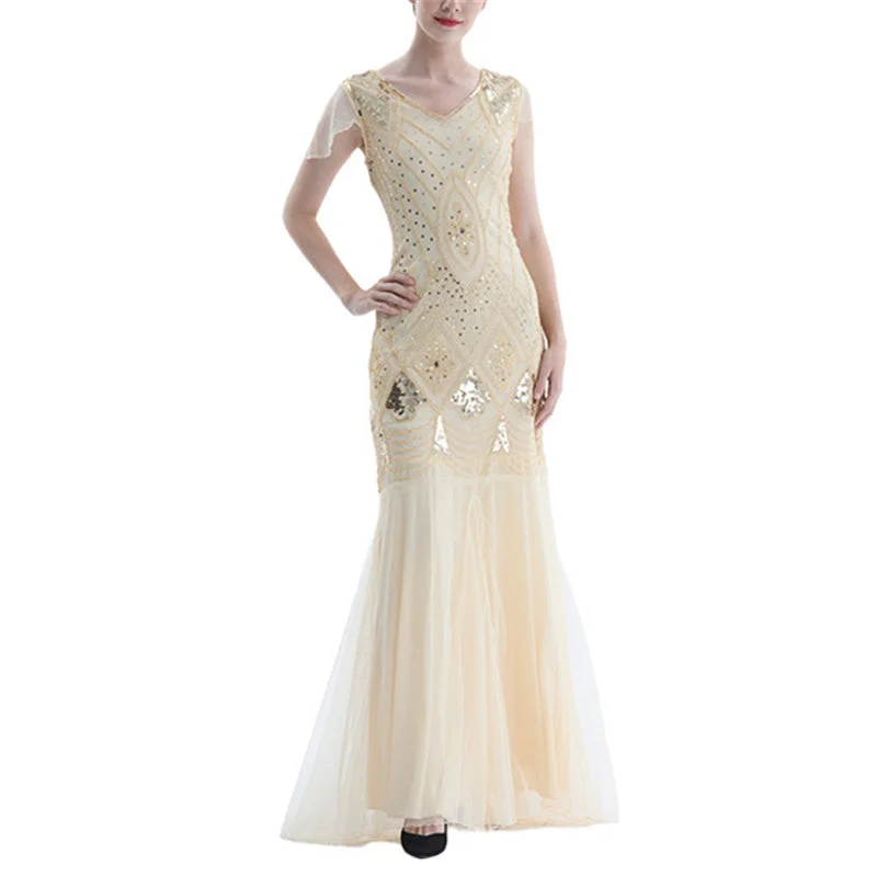 Vintage 1920s sequins lace patchwork costume maxi dress | Retro evening gowns party dress Halter Neckline Beach Vintage 1920s sequins lace patchwork costume maxi dress | Retro evening gowns party dress Halter Neckline Beach