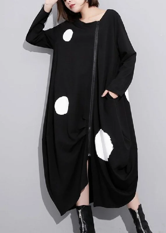 French o neck pockets cotton clothes Tunic Tops black dotted long Dress Tunics Versatile all-occasion