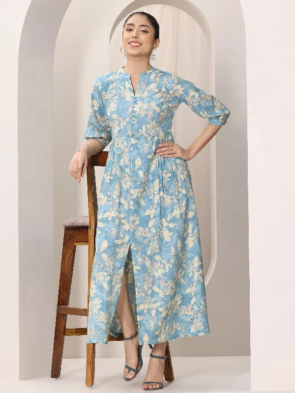 Blue Printed Silk Blend A-Line One Piece Dress Tunics Wedding white