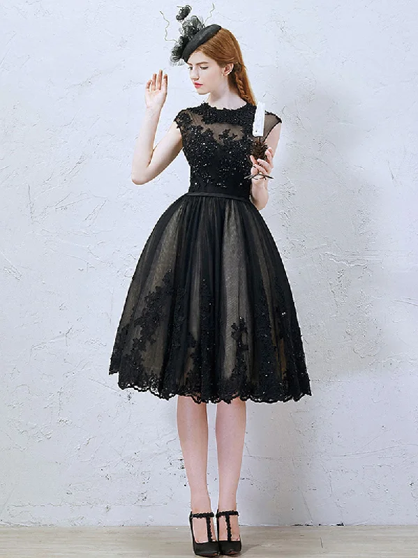 Retro Short Black Lace Formal Evening Dress Elegant Long Evening