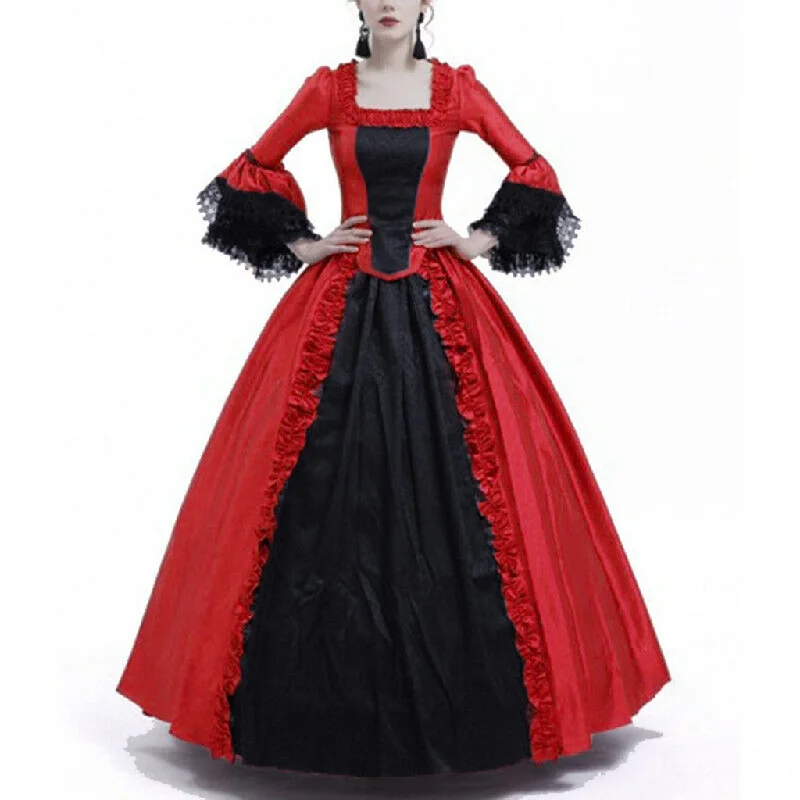 Women maxi color block lace flare sleeve court party dresses sweetheart Neckline Romantic Women maxi color block lace flare sleeve court party dresses sweetheart Neckline Romantic