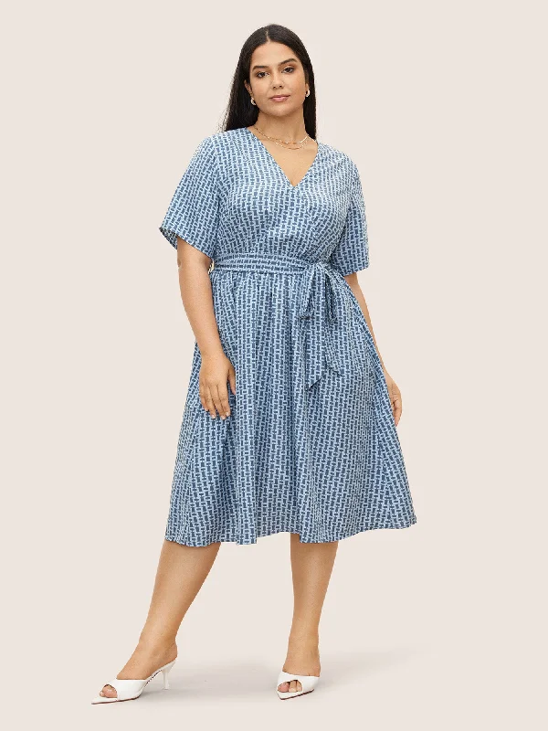 Geometric Overlap Collar Elastic Waist Belted Dress Tunics Stylish elegant