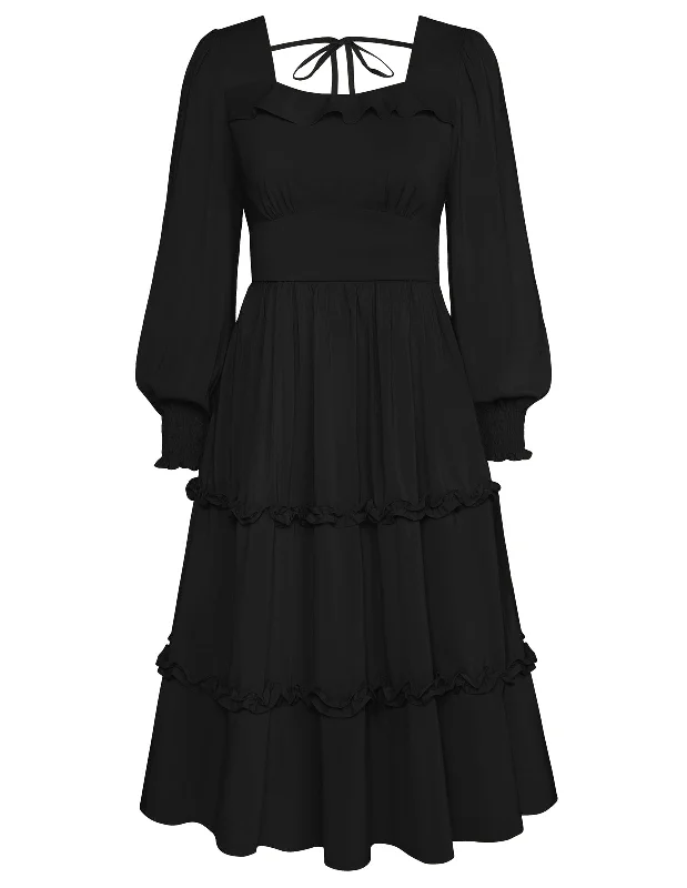 BP Women Vintage Tiered Dress Long Sleeve Square Neck Mid-Calf A-Line Dress Tunics Sophisticated sleek BP Women Vintage Tiered Dress Long Sleeve Square Neck Mid-Calf A-Line Dress Tunics Sophisticated sleek