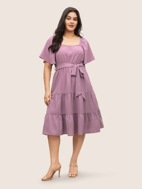 Plain Textured Ruffle Layered Hem Belted Dress Tunics Luxurious high-end