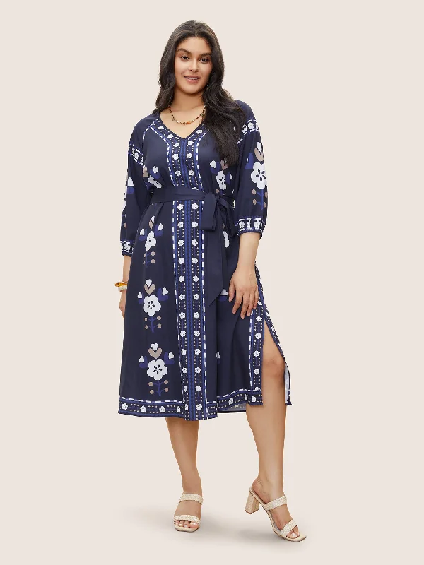 Boho Print Belted Pocket Split Side Dress Tunics Winter warm