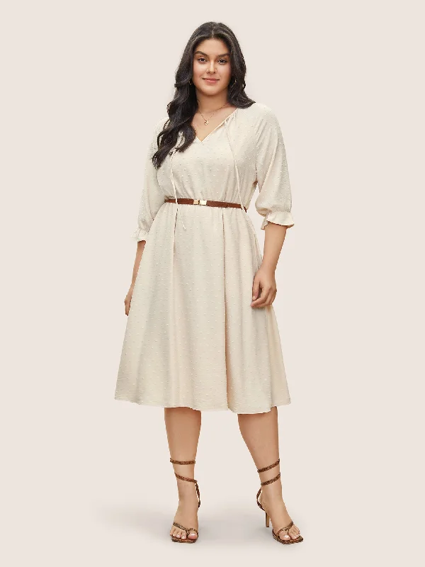 Plain Textured Elastic Waist Tie Neck Ruffles Dress Tunics Chinos classic