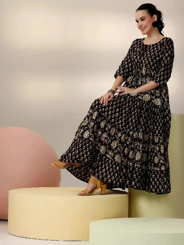 Black Printed Cotton A-Line Dress Tunics Luxurious high-end