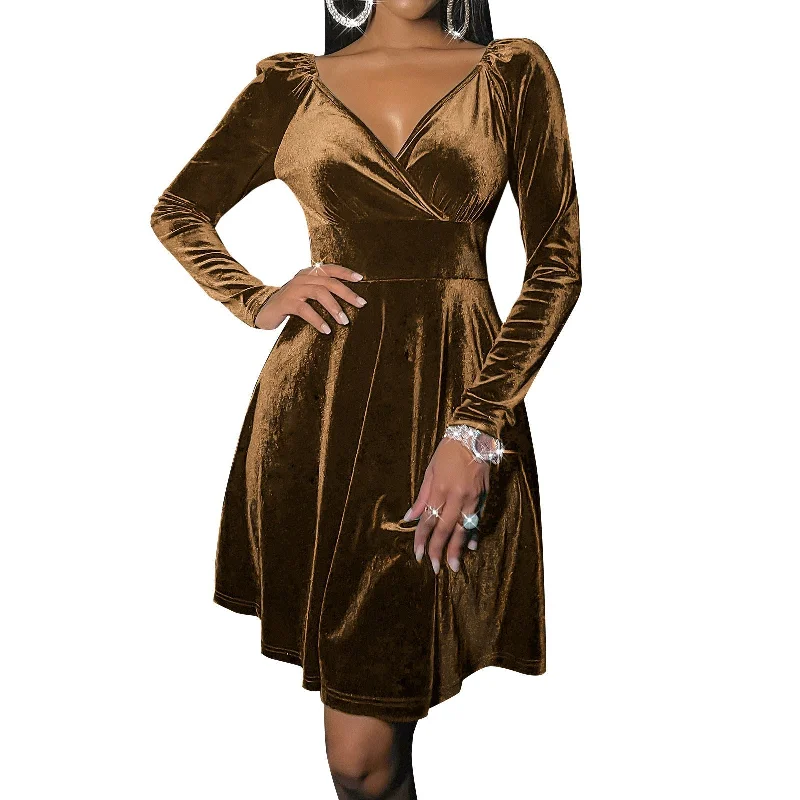 Velvet long sleeves v neck A-line mini dress | Fall winter evening prom party dress Bodycon Fitted Nightout Velvet long sleeves v neck A-line mini dress | Fall winter evening prom party dress Bodycon Fitted Nightout