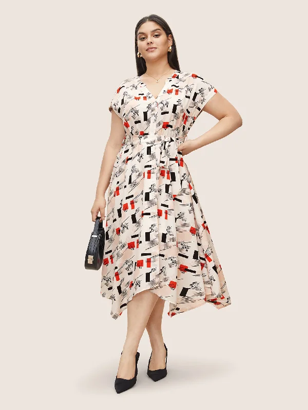 Geometric Flat Collar With V Notch  Batwing Sleeve Dress Boat Neckline Classic