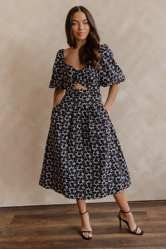 Skye Black Knotted Embroidered Dress Off-the-shoulder Chic Trendy