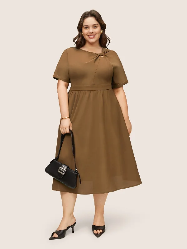 Tweed Twist Front Pocket Elastic Waist Dress Tunics Solid Classic