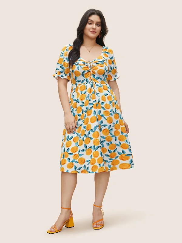 Fruits Print Drawstring Ruched Lantern Sleeve Dress Tunics Bridal satin