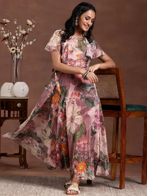 Mauve Printed Chiffon A-Line Dress With Belt Tunics Sophisticated sleek