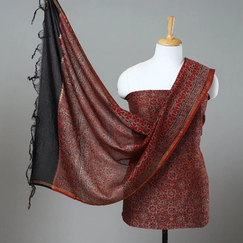 Red - 2pc Block Print Chanderi Silk Ajrakh Dress Material 06 Tunics Summer linen