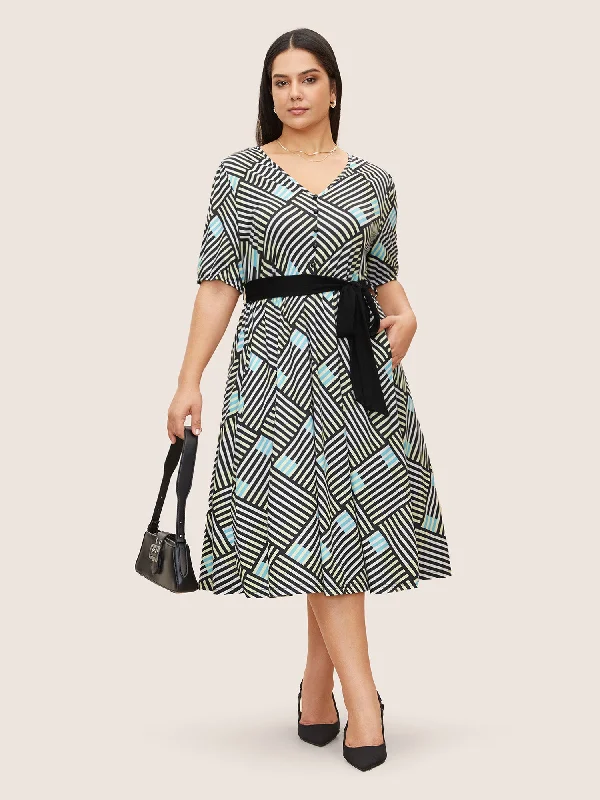 V Neck Geometric Striped Button Detail Dress Bodycon Club Sequined