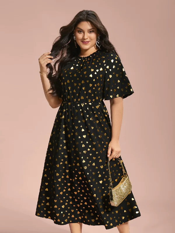 Glitter Heart Print Stretchy Waist Dress Tunics Modern contemporary