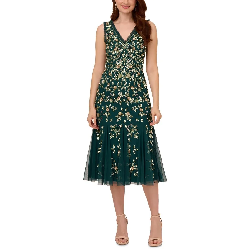 Adrianna Papell Womens Embellished Mesh Cocktail And Party Dress Lace Sexy Club