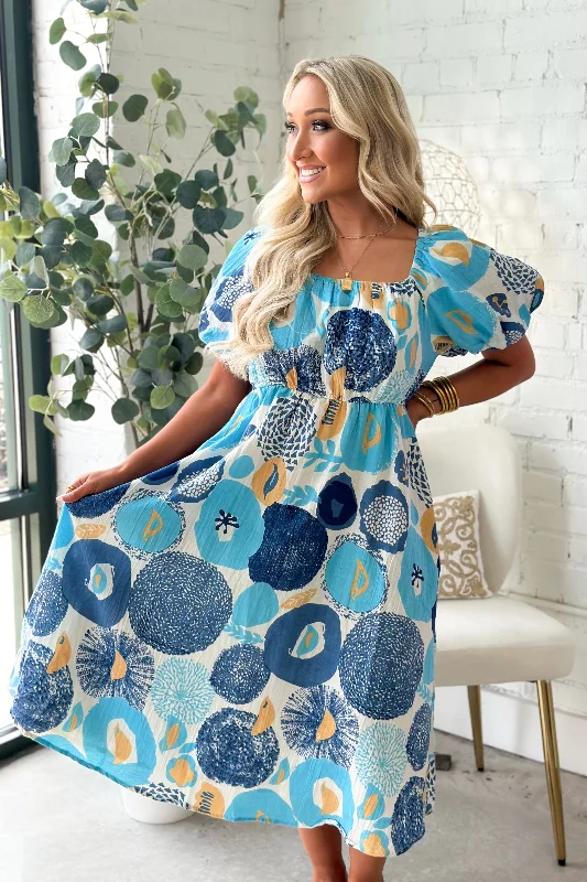 Blue Square Neck Printed Puff Sleeve Dress Tunics Stylish elegant