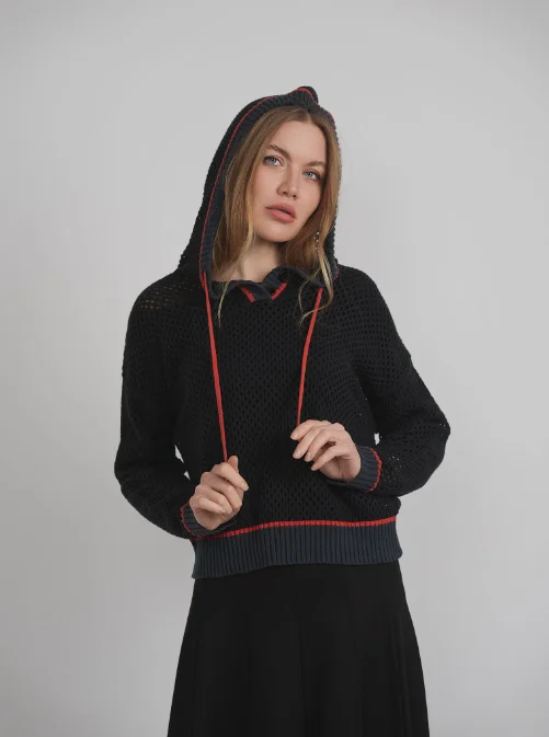 NET KNIT HOODIE Hoodie with Hem Applique Textured Unique