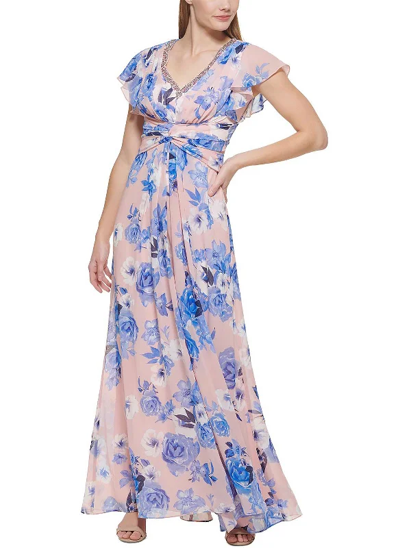 Womens Floral Maxi Evening Dress Boatneck Modish Everyday