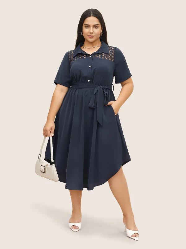 Plain Lace Patchwork Belted Cuffed Sleeve Dress Tunics Luxurious high-end
