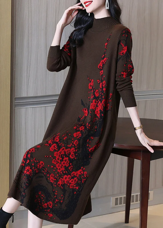 Coffee Patchwork Cotton Knit Long Dresses Turtleneck Spring Turtleneck Warm Winter
