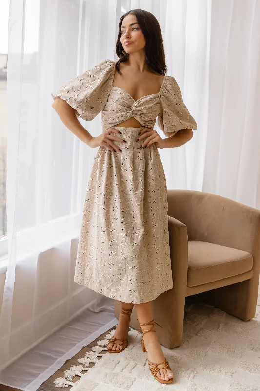 Skye Natural Knotted Embroidered Dress Floral Print girly