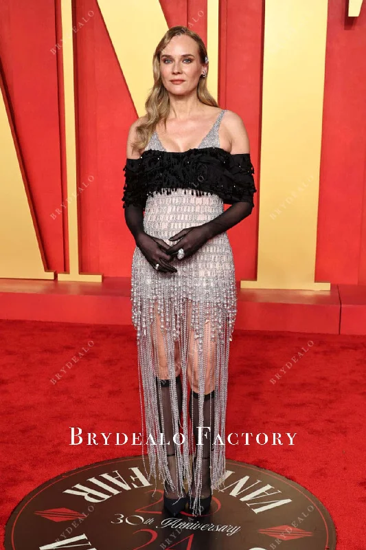Diane Kruger Silver Beaded 2024 Oscars After Party Dress Tunics Satin smooth