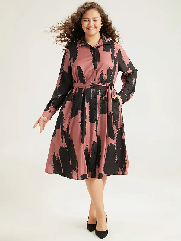 Brush Print Shirt Collar Pocket Belted Dress Tunics Favorite customer