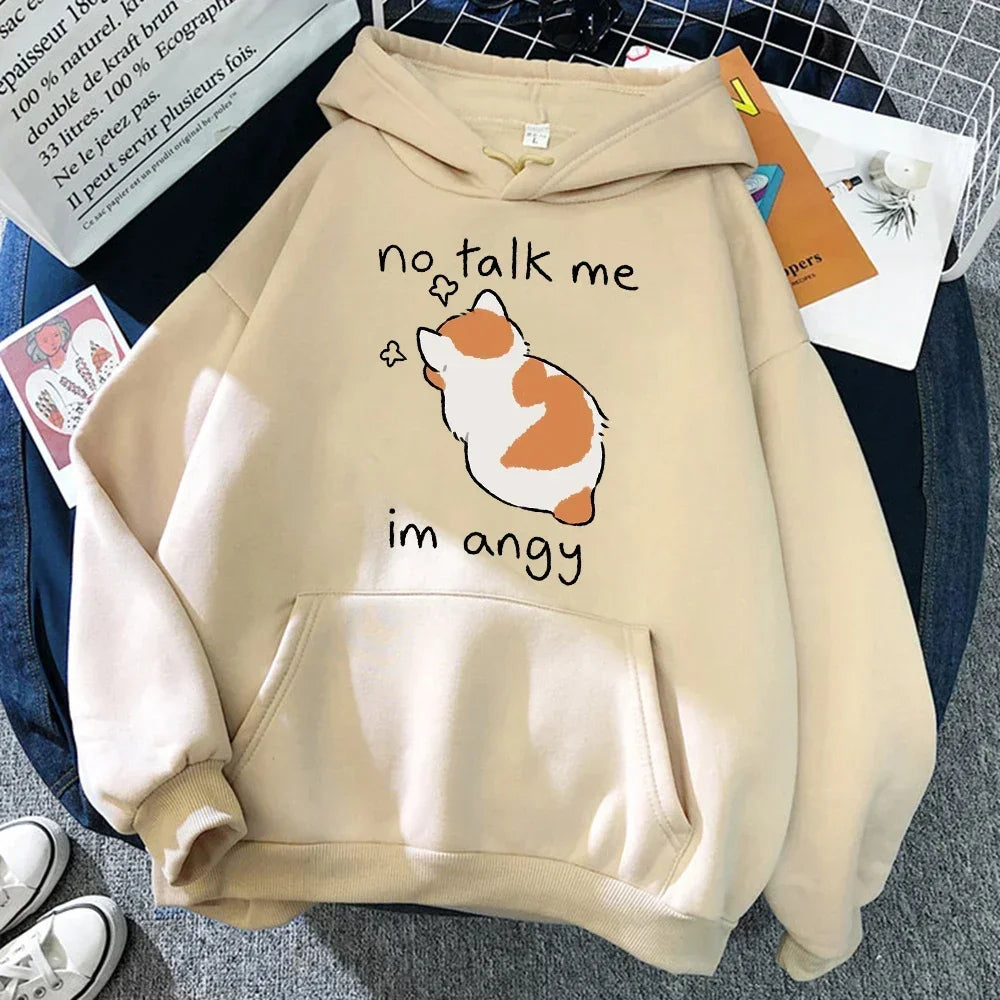 No Talk Me Cute Angry Cat Print Women Hoody Hip Hop Soft Sweatshirt Casual Fleece Sweatshirt Oversize Fleece Women Streetwear Hoodie with Mesh Breathable Sporty