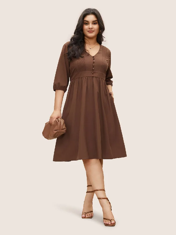Solid Pleated Button Detail Lantern Sleeve Dress Tunics Modern contemporary