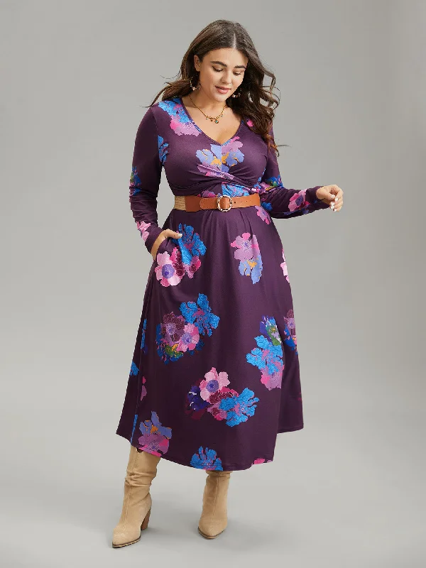 Floral Twist Front Elastic Waist Pleated Dress Tunics Travel practical