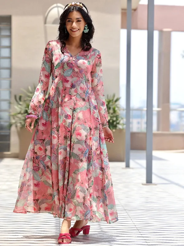 Pink Printed Chiffon A-Line Dress Tunics Stylish elegant