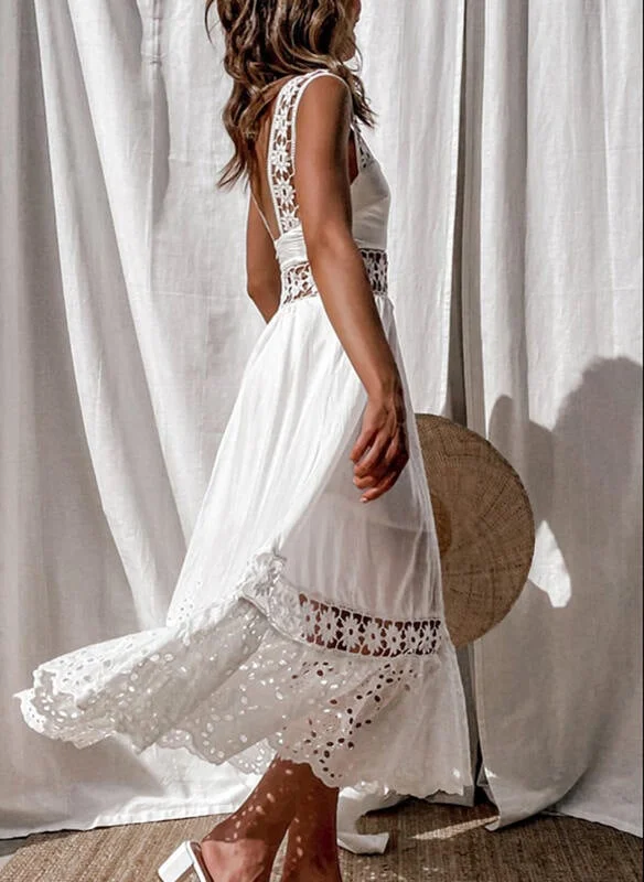 White lace panel sleevesless A-line large swing maxi dress | Summer party dress Crew Neckline Sporty White lace panel sleevesless A-line large swing maxi dress | Summer party dress Crew Neckline Sporty