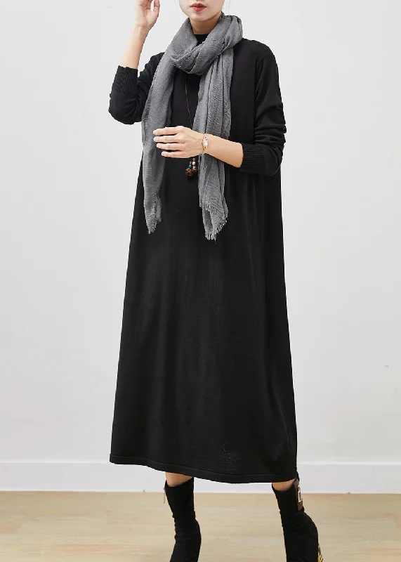 Black Silm Fit Knit Long Dress Stand Collar Spring Tunics Corduroy durable