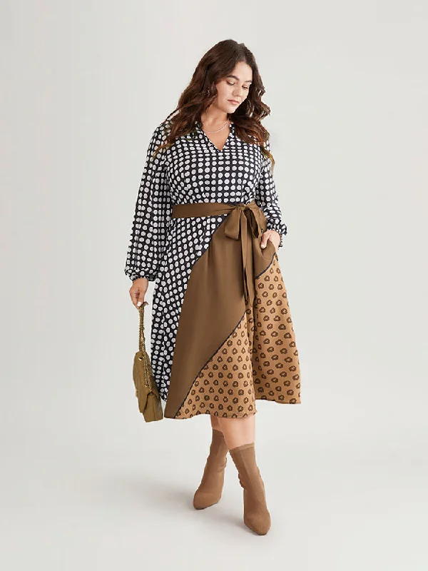 Polka Dot Patchwork Colorblock Belted Notched Dress Tunics Short Trendy