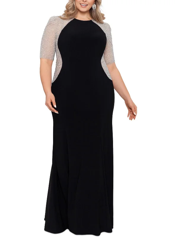 Plus Womens Rhinestone Embellished Evening Dress Tunics Long Elegant